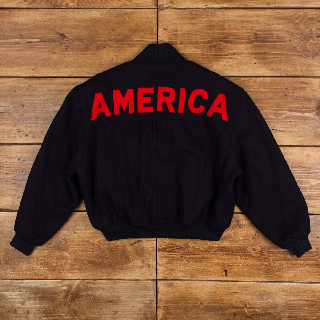 Vintage Perry Ellis Bomber Jacket M 80s Wool America Blue Snap - Etsy