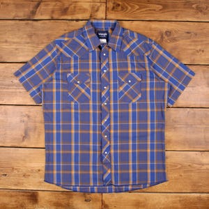 Vintage Wrangler Western Shirt Snap XL 90s Tall Mens Short Sleeve Blue Check