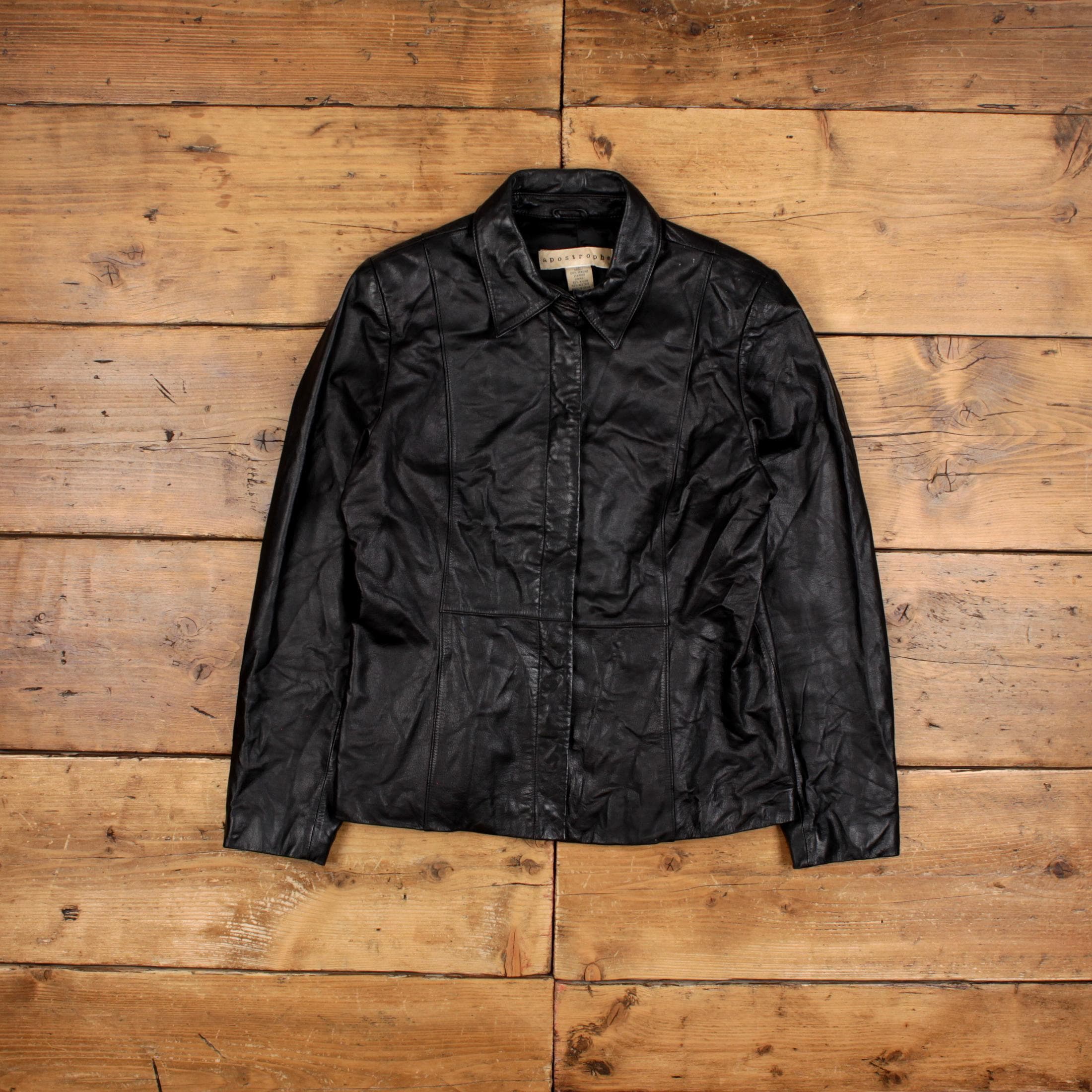 Vintage Apostrophe Leather Jacket S Y2K Slim Black Womens
