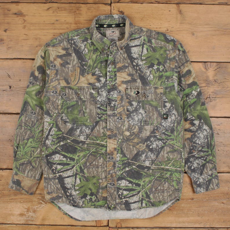 Camisa vintage de roble musgoso con botones de árbol real, talla M, para hombre, manga larga, color marrón camuflaje imagen 1