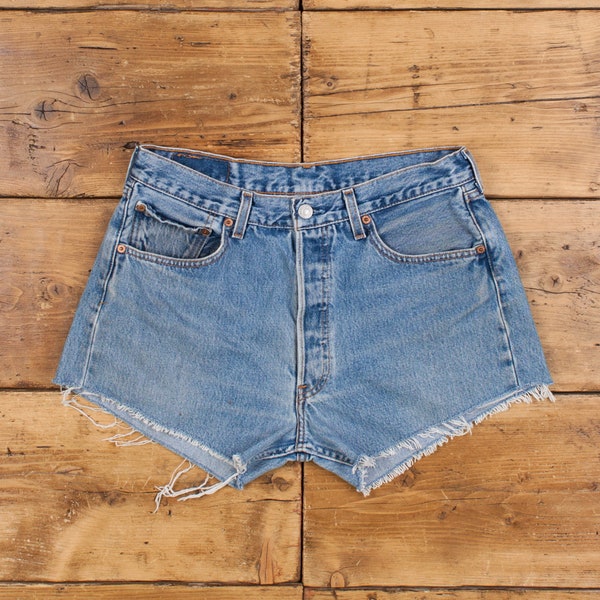 vintage Levi's Denim Shorts 32 Levis 501 Raw Hem 90s Womens Stonewash Blue