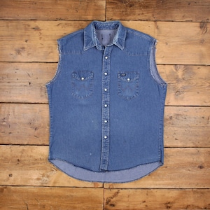 Vintage Wrangler Western Shirt Snap L 90s Denim Cut Off Mens Sleeveless Blue