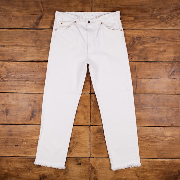 vintage Levis 505 Jeans 35 x 29 USA fabriqué des années 90 ourlet brut lavage clair droit blanc