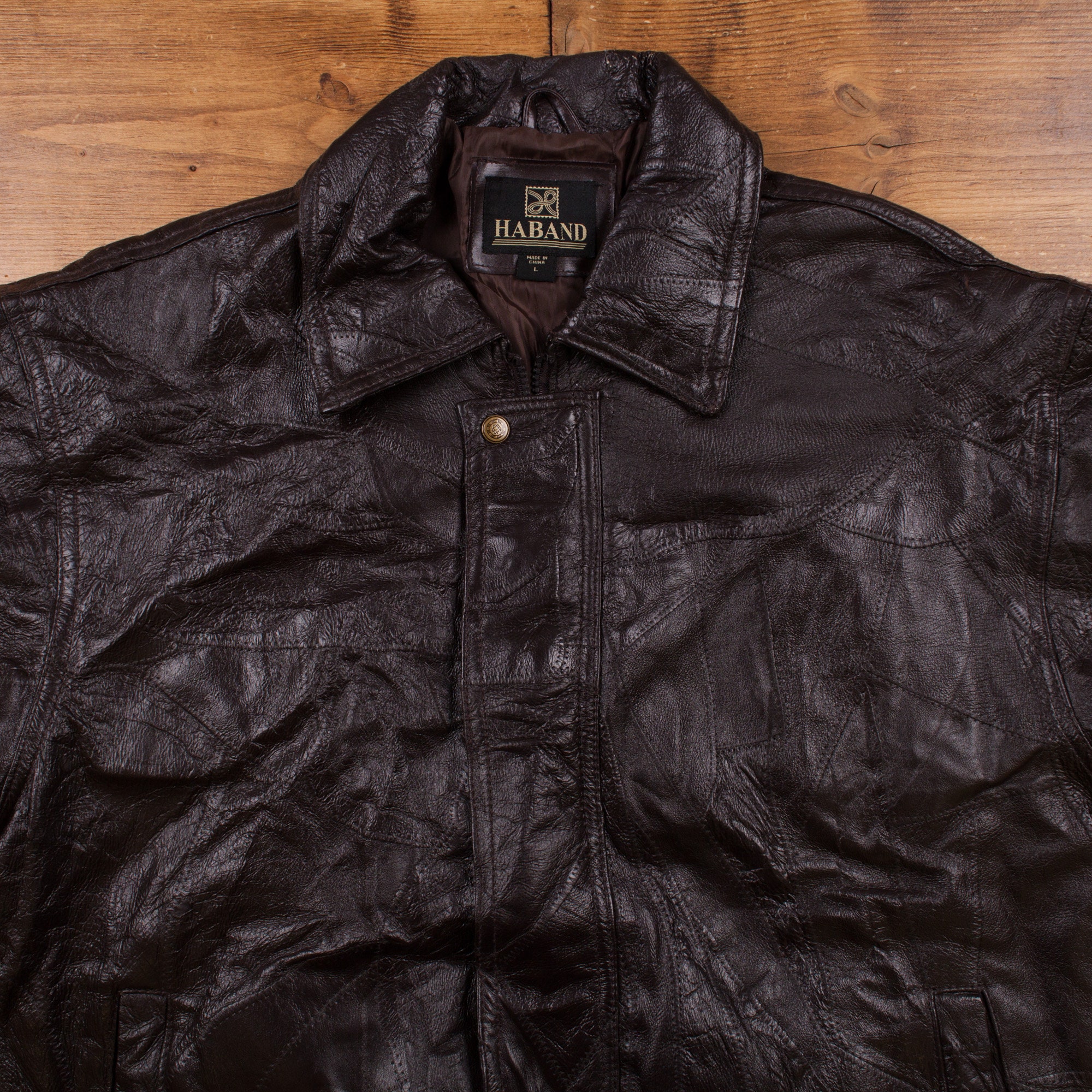 Vintage Haband Leather Jacket L 90s Bomber Patchwork Brown Vintage Haband Leather Jacket L 90s Bomber Patchwork Brown