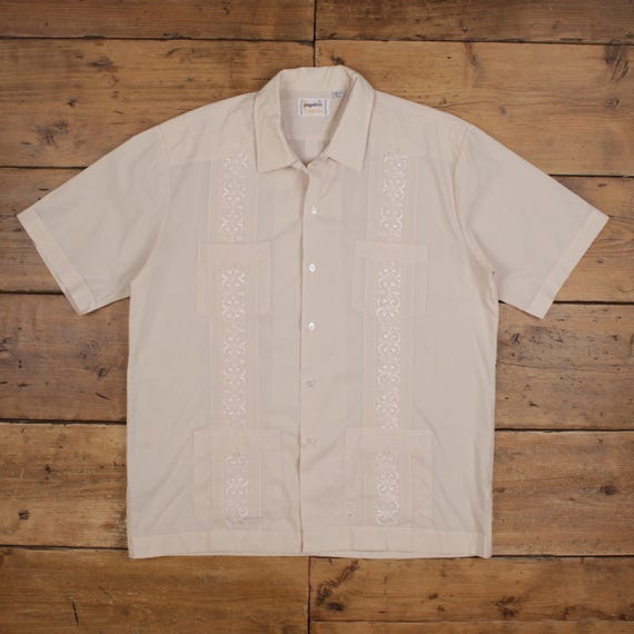 Vintage Guayaberas “MECHO EN MEXICO“ Camisa casual vintage guayabera con botones, talla 2XL, años 90