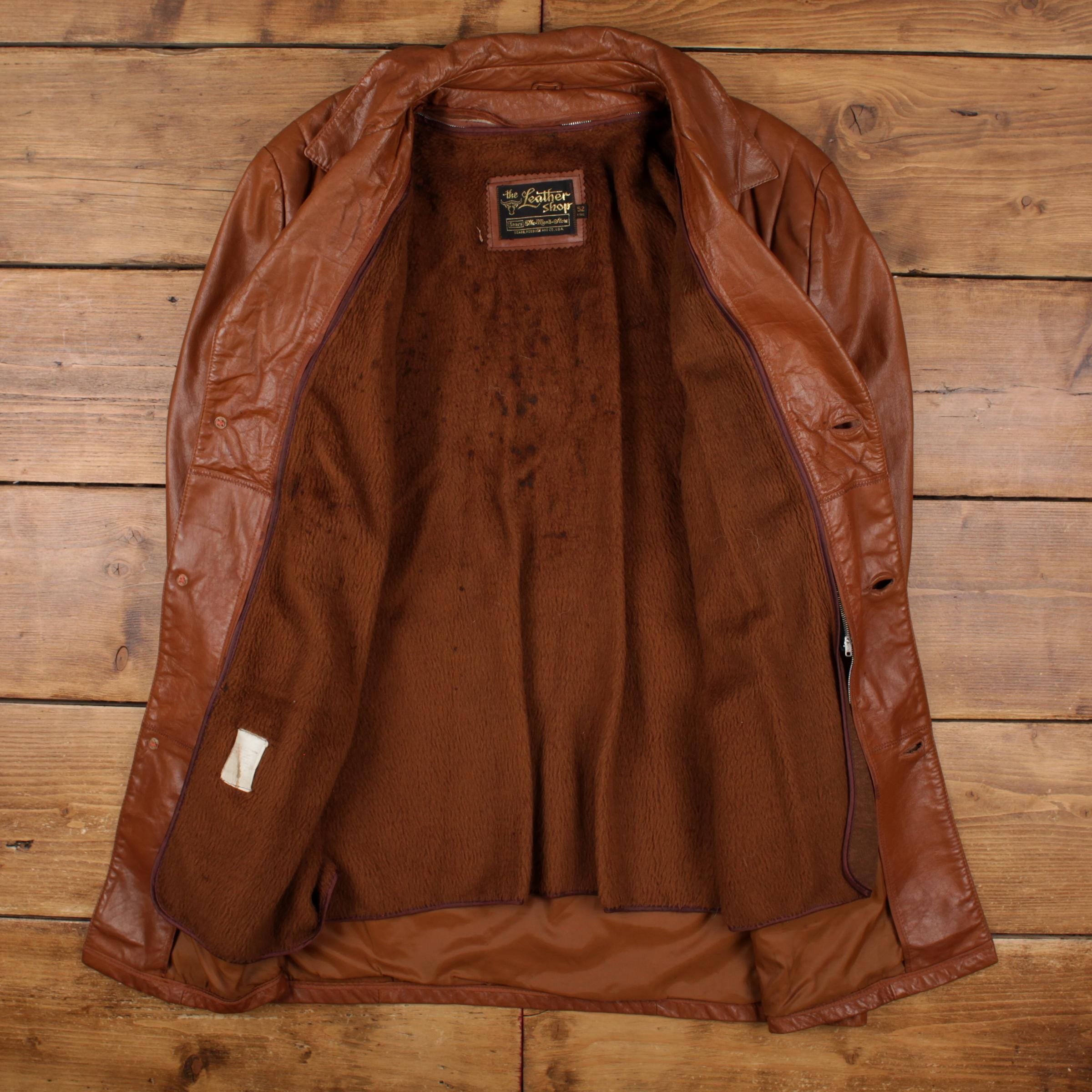 Vintage Sears Leather Jacket 2XL 70s the Leather Shop Faux Fur
