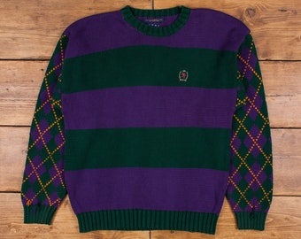 Vintage Tommy Hilfiger Jumper Sweater L 90s écusson rayé losanges logo violet