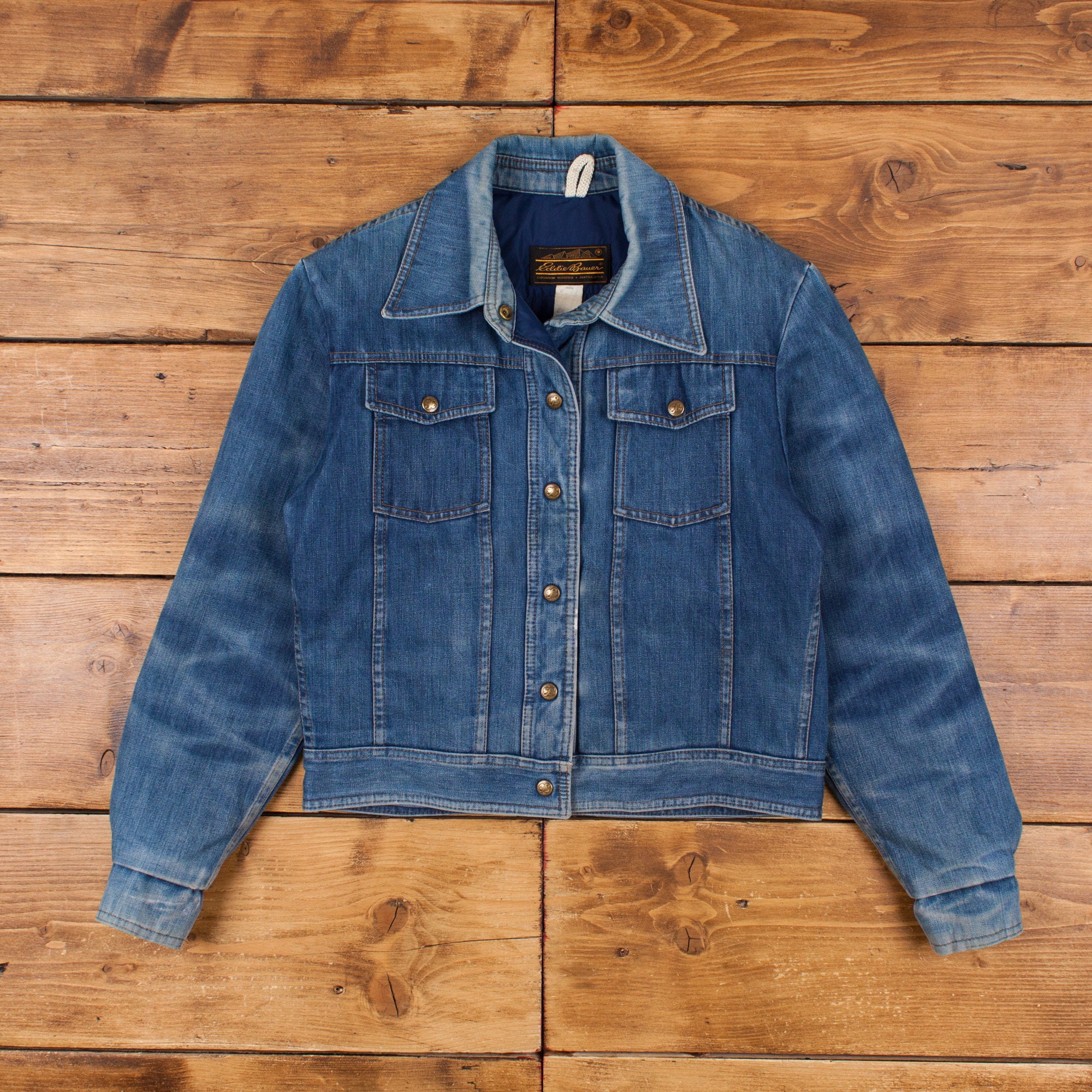 Vintage Eddie Bauer Denim Jacket M 80s Lined Down Outdoors Blue Womens Snap Etsy UK
