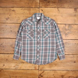 Vintage Wrangler Western Shirt Snap M Flannel Mens Long Sleeve Grey Check