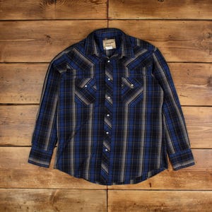 Vintage Wrangler Western Shirt Snap L Flannel Mens Long Sleeve Blue Plaid