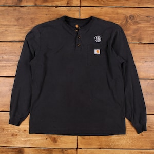 Carhartt T-shirt L Herr Blå Henley Graphic Pocket Långärmad 90-talsmodell