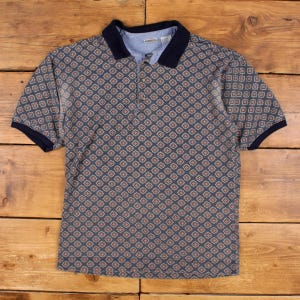Vintage Bugle Boy Company Polo Shirt L Mens Grey Geometric Pattern