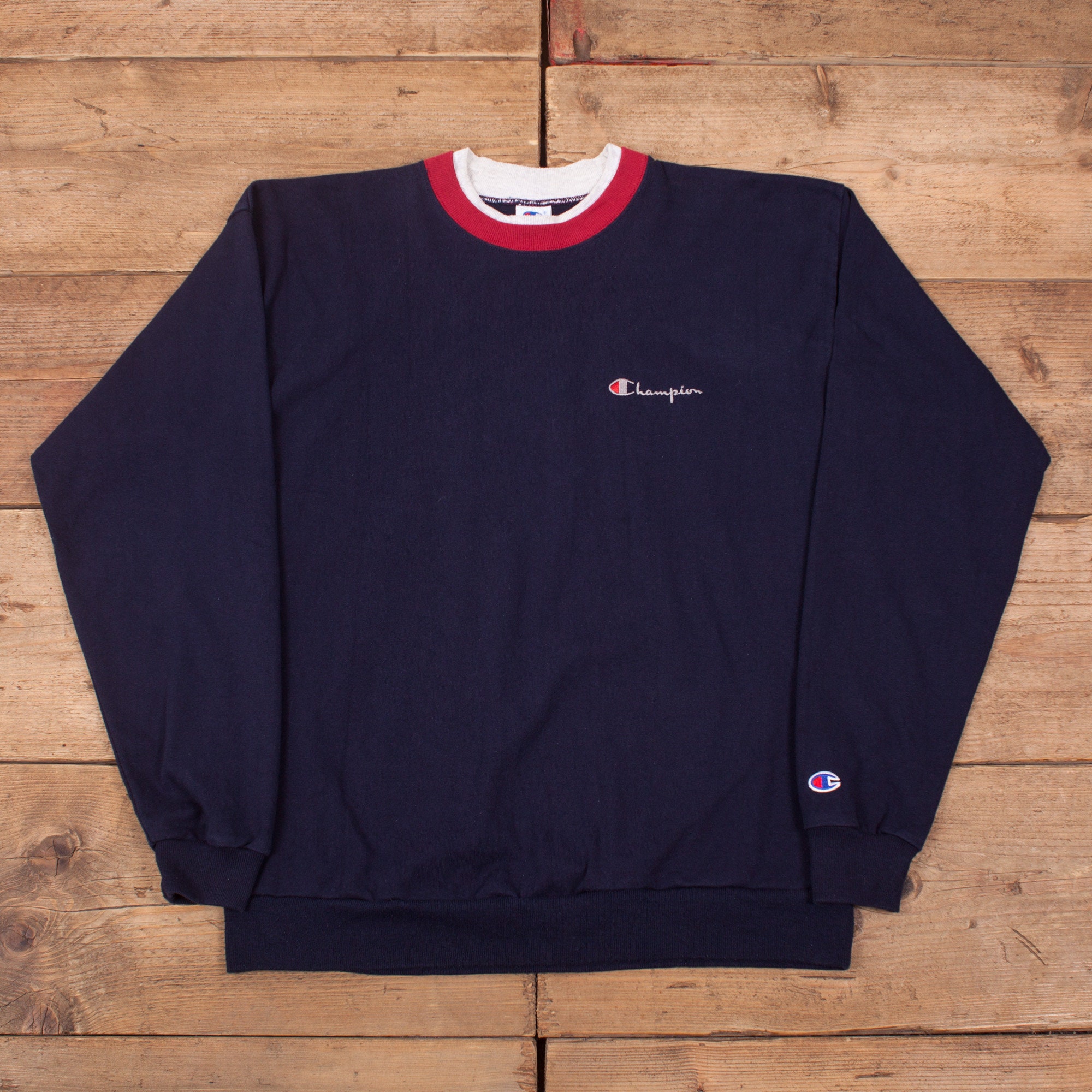 Image of Mens Vintage 90S Champion Navy Blue Logo Collar Sweatshirt Usa Made L 42" R19381
