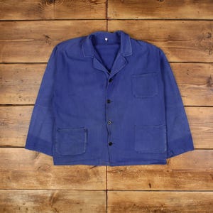 Vintage French Workwear Jacket XL Distressed Repaired Sun Faded Blue Button