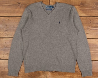 Vintage Ralph Lauren Jumper Sweater L 90s Lambs wool Embroidered Logo V-Neck