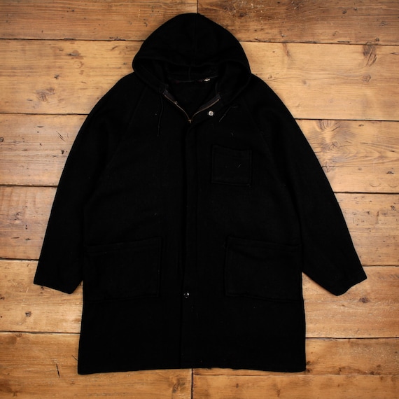 Vintage Wool Coat Jacket L 44 Mens Black Hooded Winter Warm