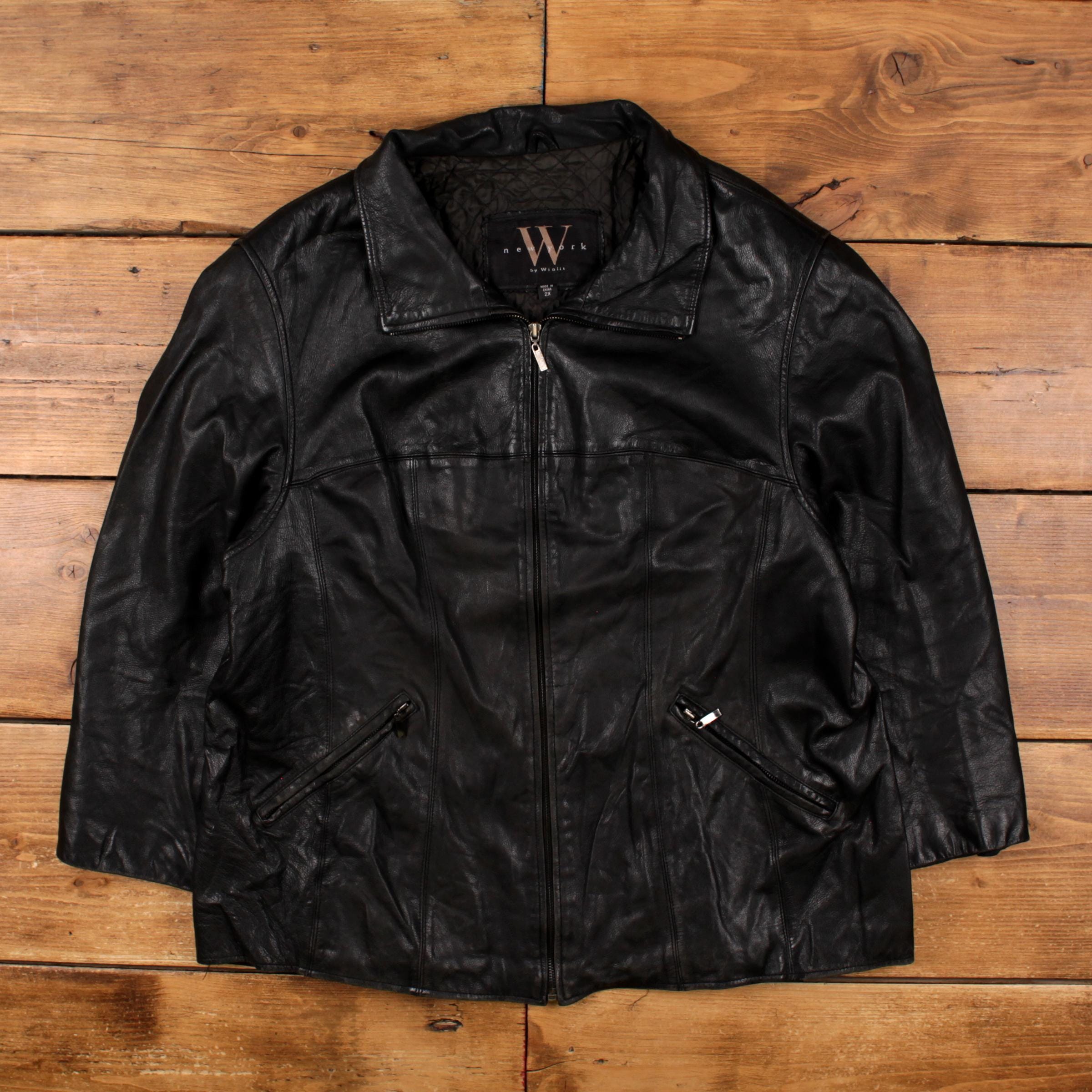 Vintage Winlit Leather Jacket 2XL 90s New York Car Coat Black