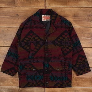 May include: A red, black, brown, and teal patterned jacket with a snap closure and a patch that says "Fonlon Design".