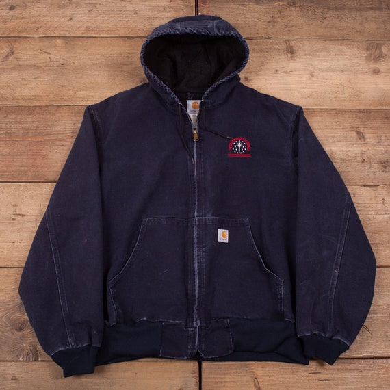 Mens Vintage 90s Carhartt Blue Hooded Workwear Coa