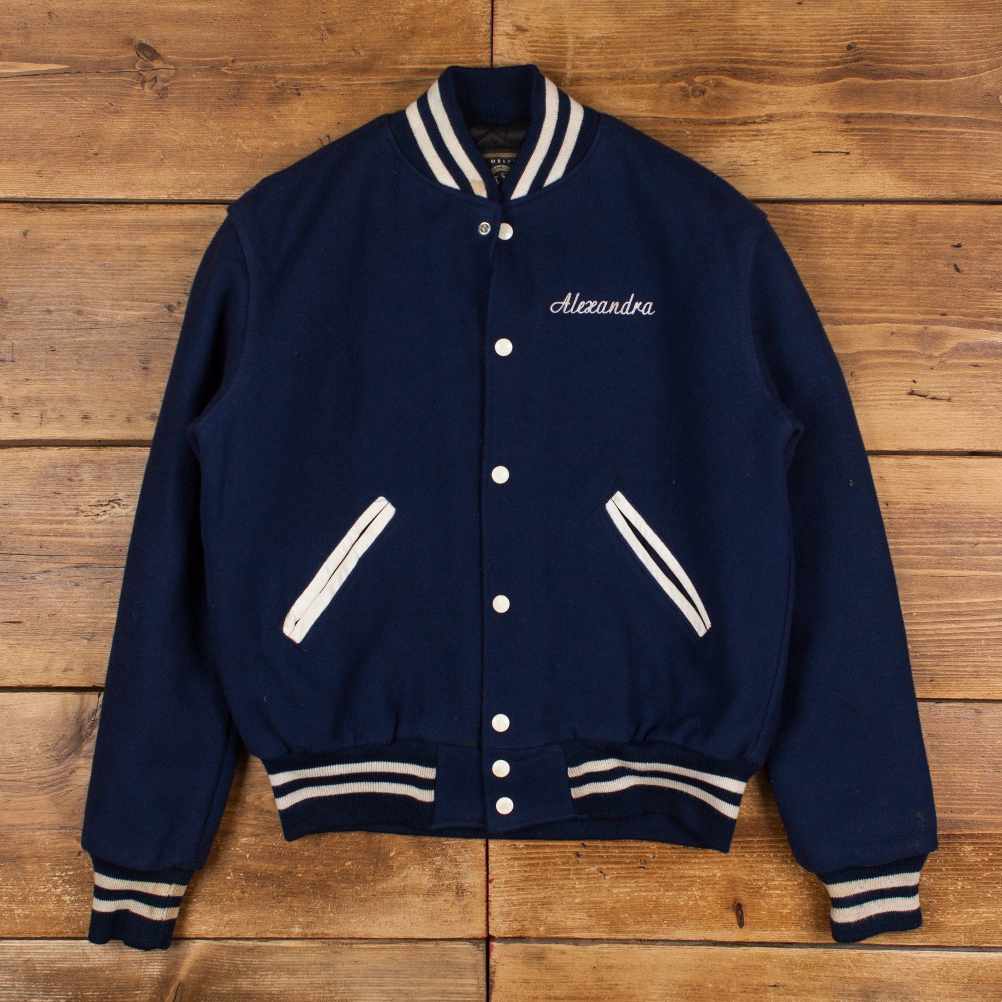 Vintage Holloway Varsity Jacket S 80s Bomber Wool USA Made Blue