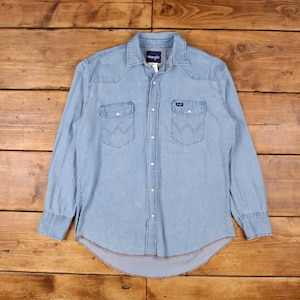 Vintage Wrangler Denim Shirt Button L 90s Graphic Western Mens Long Sleeve