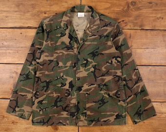 Vintage Workwear Shirt Snap M 80s Military Mens Long Sleeve Green Camouflage