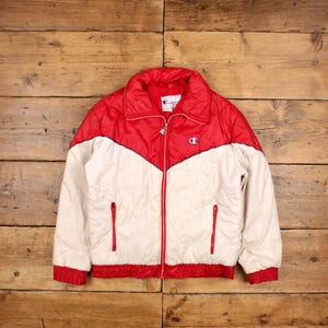 Vintage Champion Windbreaker Jacket L 90s Padded Logo White Womens