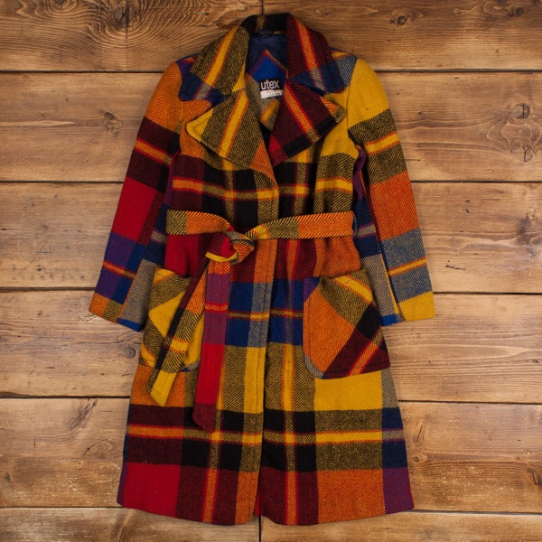 Vintage Utex Wool Jacket XS 70s Belted Over Coat Plaid Multicoloured Womens