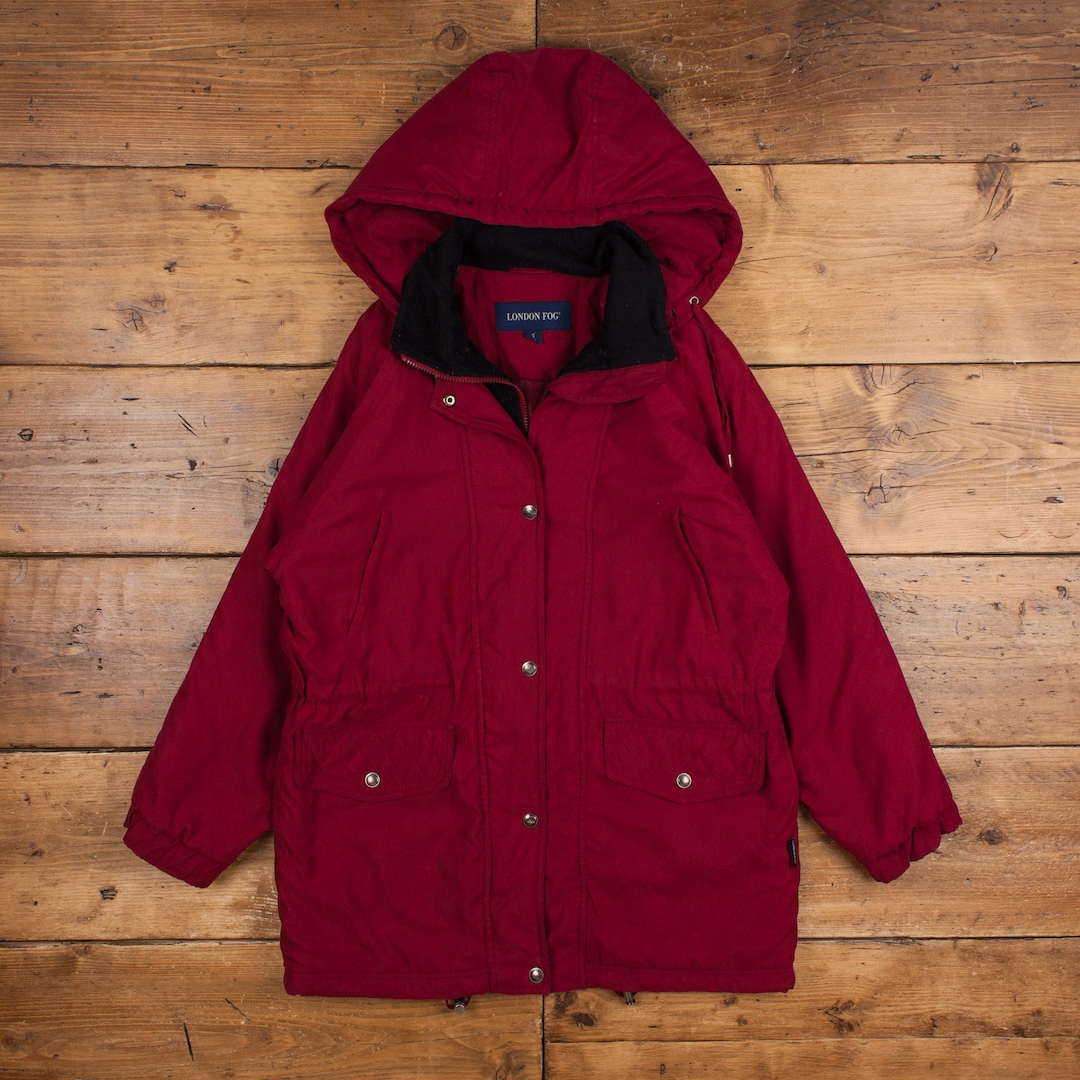 Vintage London Fog Parka Jacket S Detachable Hood Red Womens Zip