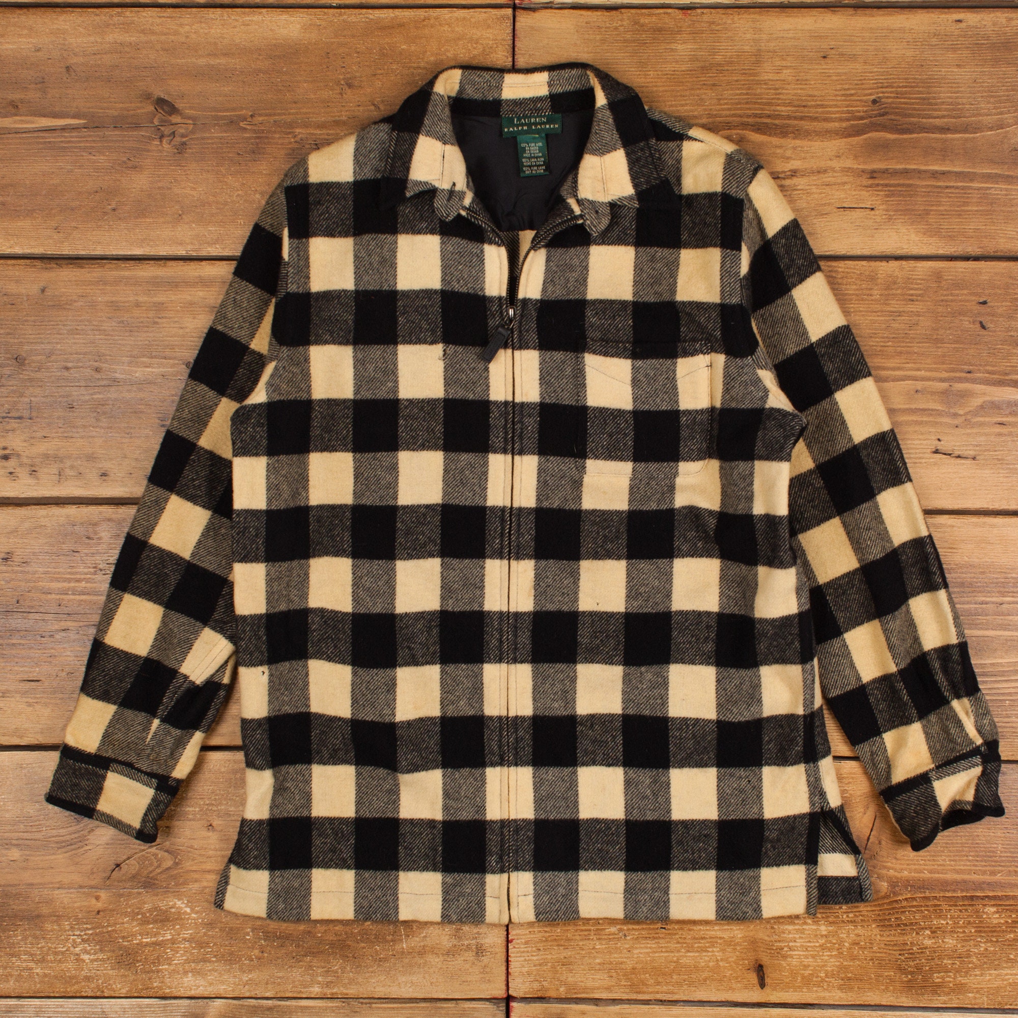 Vintage Ralph Lauren Wool Jacket L 90s Shacket Plaid Beige Womens