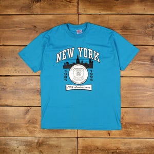 Vintage Hanes Single Stitch T Shirt Graphic Large 90s 50/50 New York Blue Tee