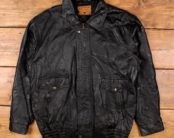 Vintage 80s Patchwork Real Leather Bomber Jacket: Black Genuine