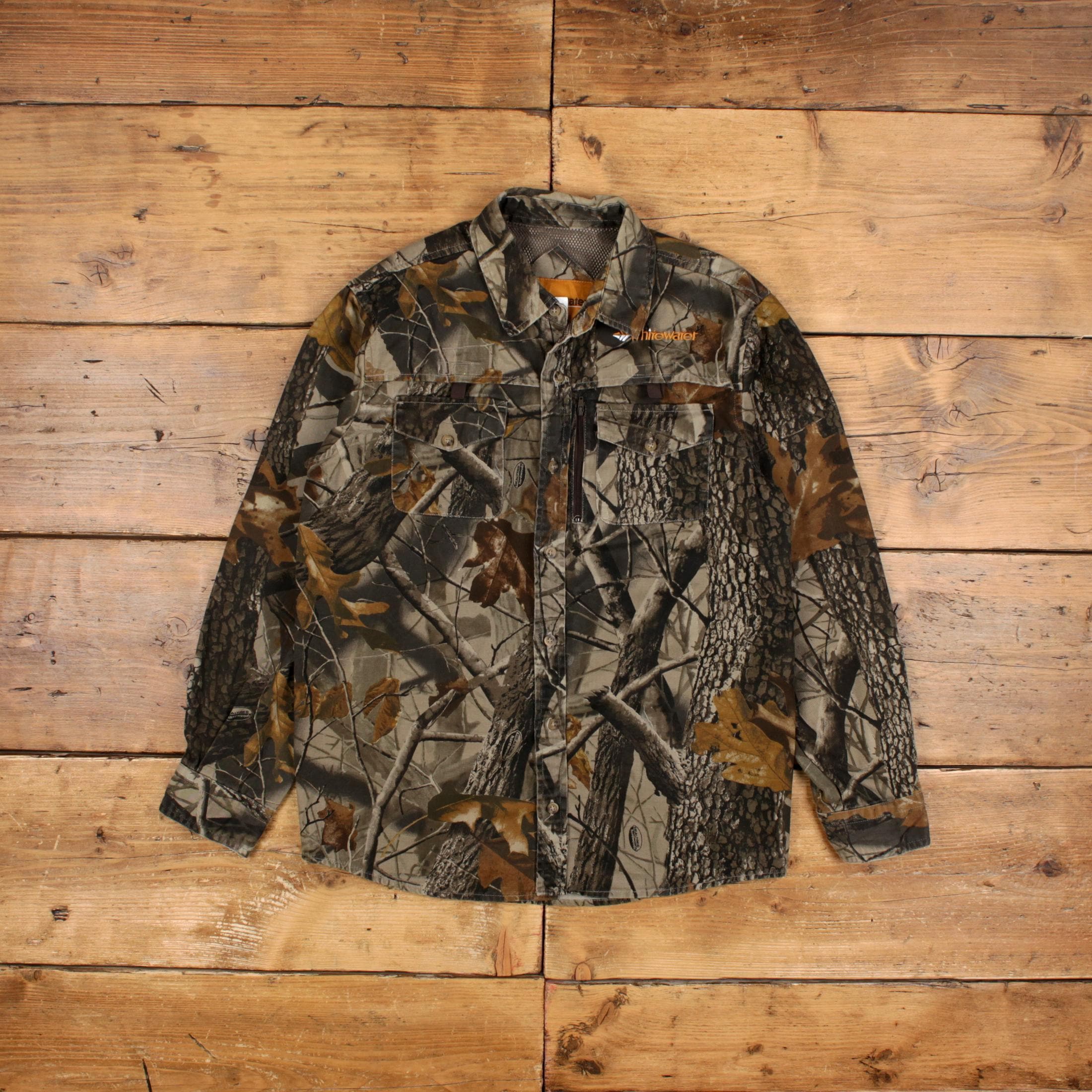 Vintage Wildwasser Natur Real Tree Shirt Button M Herren Langarm