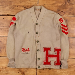 Cárdigan vintage Nelson Knitting Mills Co., talla M, años 50, estilo universitario, Letterman, desgastado