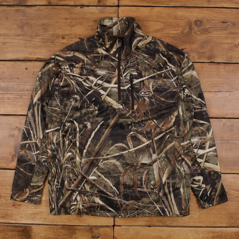 Drake Softshell Fleece L Mens Green Waterfowl Camo 1/4 Zip Hunting Performance image 1