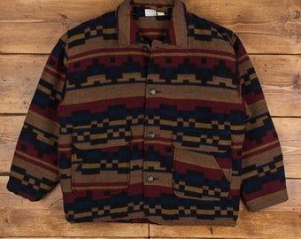 Giacca imbottita vintage International K Young XL anni '90 con sovracamicia geometrica in lana