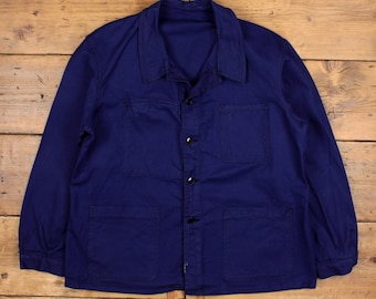 Vintage French Workwear Jacket XL Blue Button Chore Utility Cotton