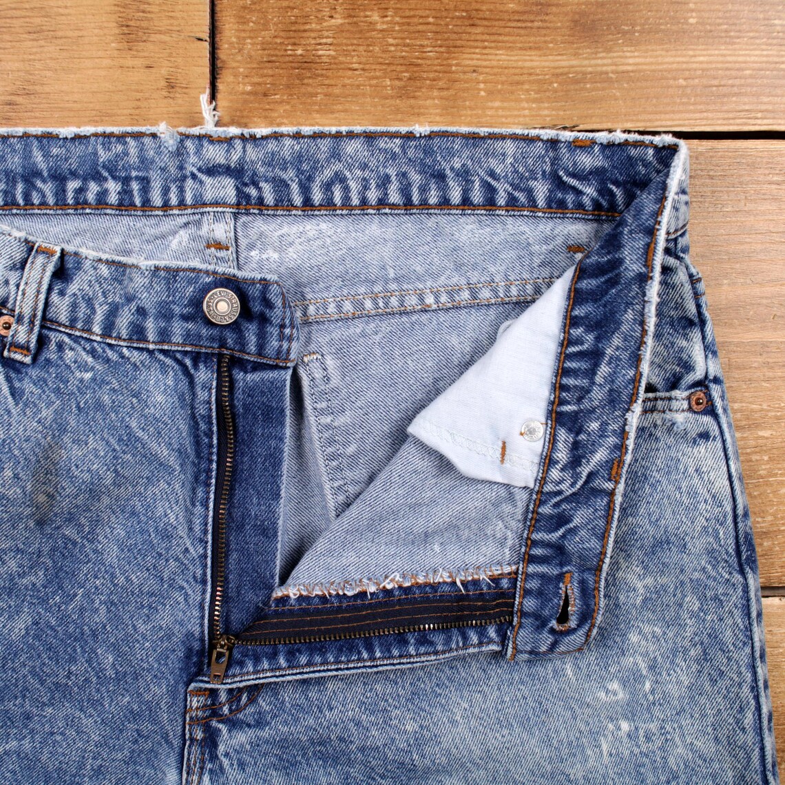 Vintage Levis Jeans 35 x 30 USA Made 90s Acid Wash Straight Blue Orange Tab, foto 3 di 5