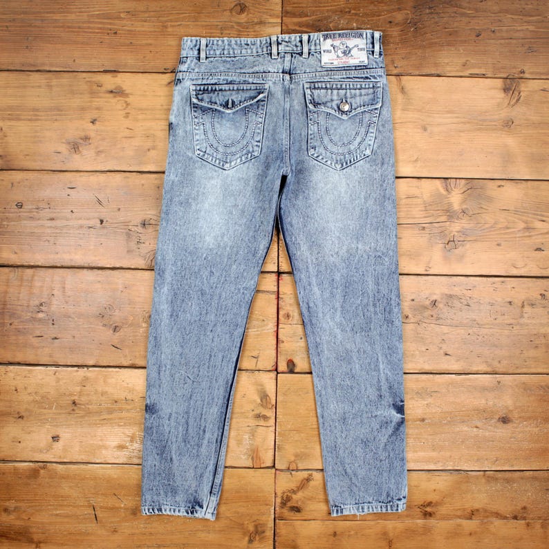 True Religion Y2k Jeans 34x32 Blue Straight Faded Distressed Acid Wash Denim image 2