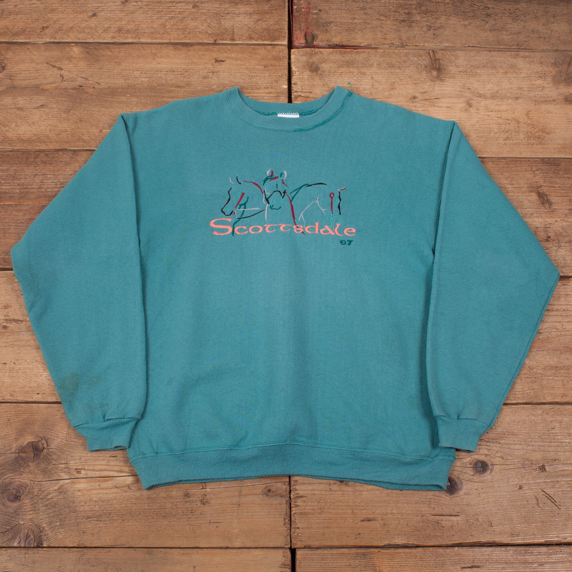 Image of Mens Vintage 90S Hanes Blue Teal Heavyweight Horse Sweatshirt M 40" R19013
