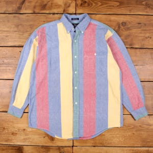 Camicia a righe vintage Dover By Arrow, taglia L, da uomo, con bottoni, stile anni '90, in cotone, preppy, prodotta negli Stati Uniti.