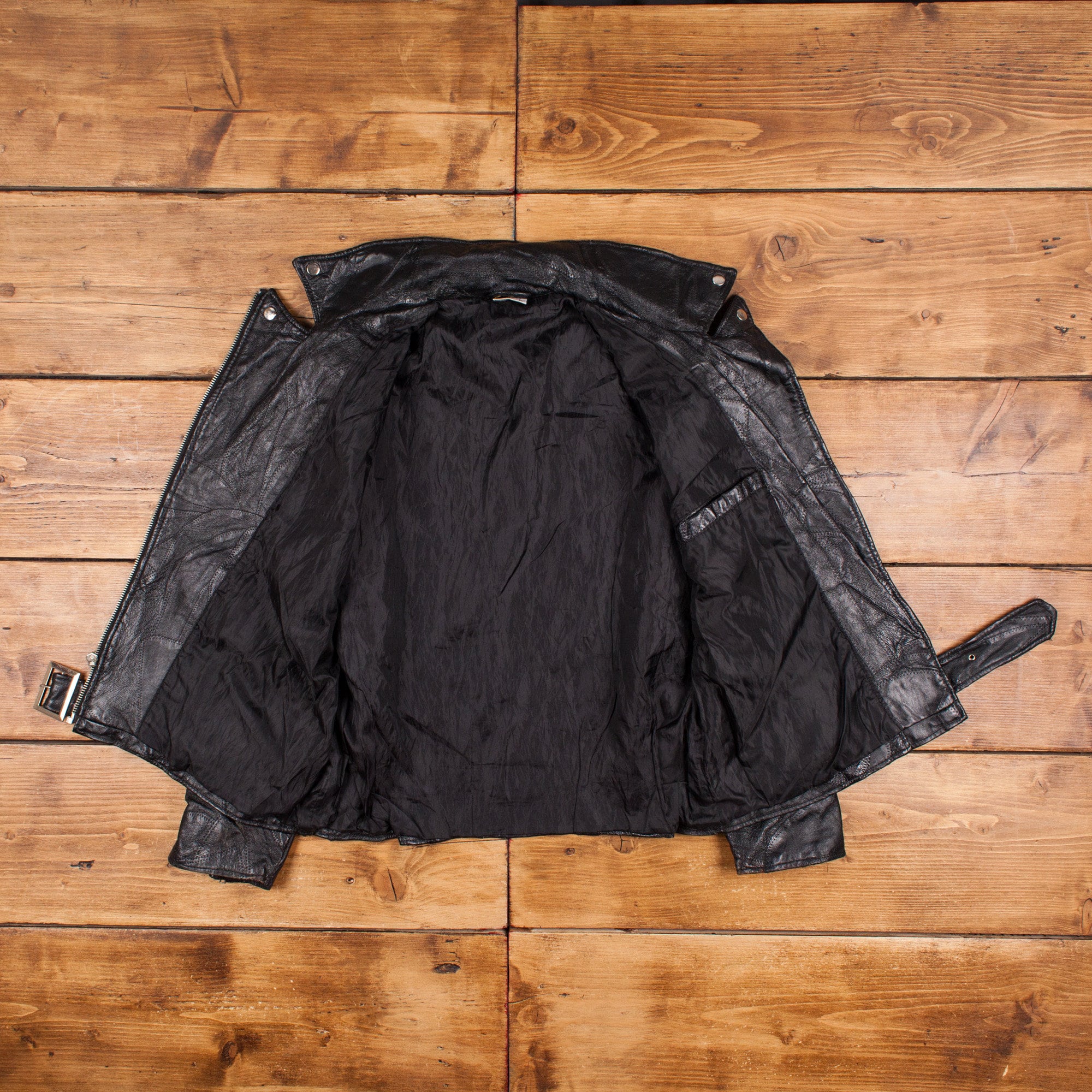 Vintage Flight Path Leather Jacket M Biker Patchwork Black Womens