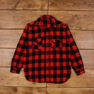 Vintage Flannel Shirt Button M 80s Plaid Mens Long Sleeve Red Check