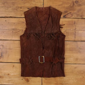 Vintage mockaväst S Dam 70-tals brun fransad väst med skärp, cowboyväst i boho-stil