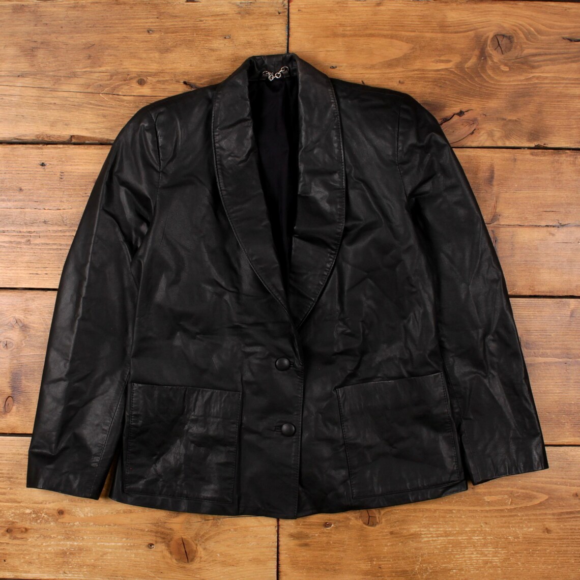 Vintage Blazer Jacket S Faux Leather Black Womens, foto 1 di 5
