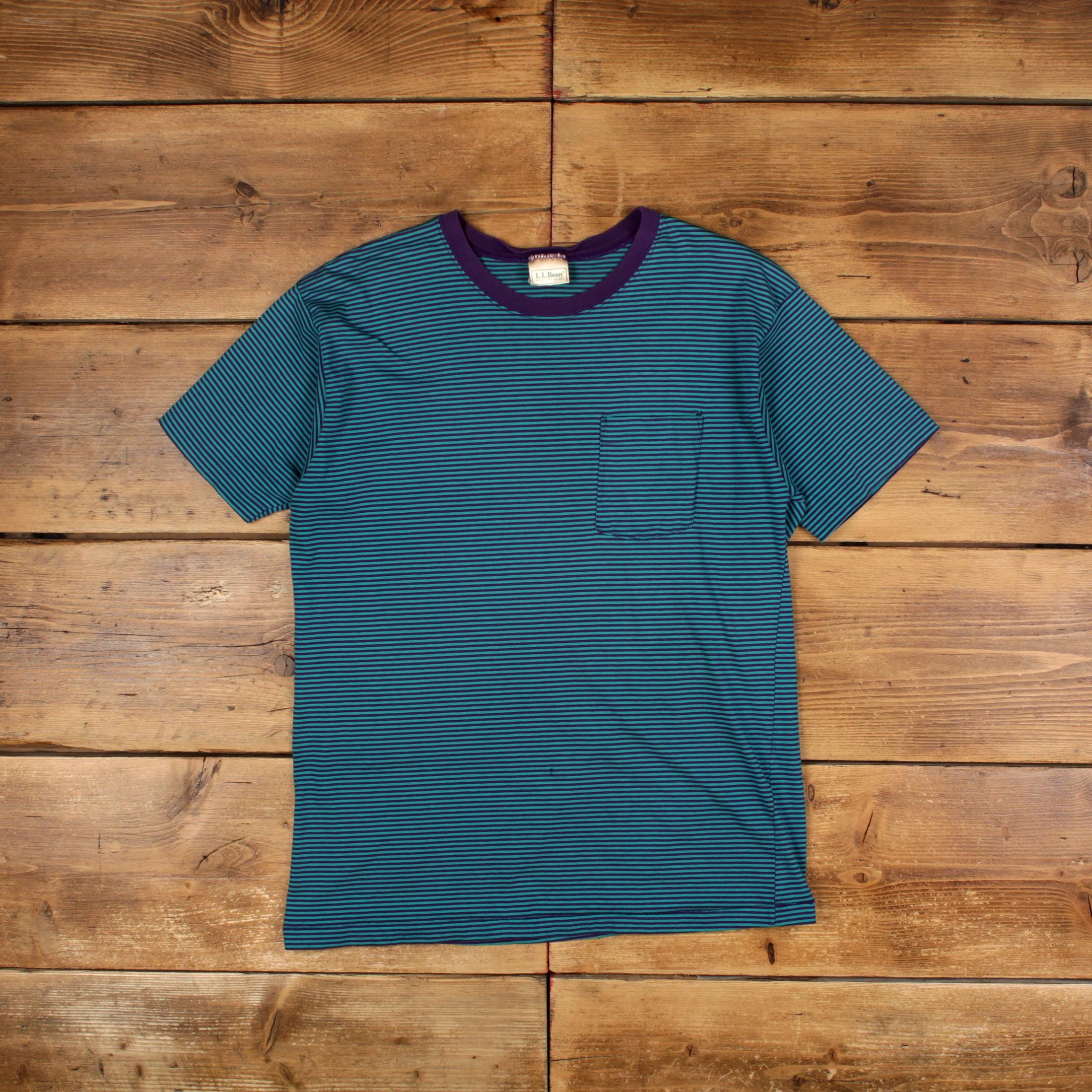 トップス 90's LLBean stripe henry neck l/s tshirt Vintage L.L. Bean Single Stitch T Shirt Blank Large 90s USA