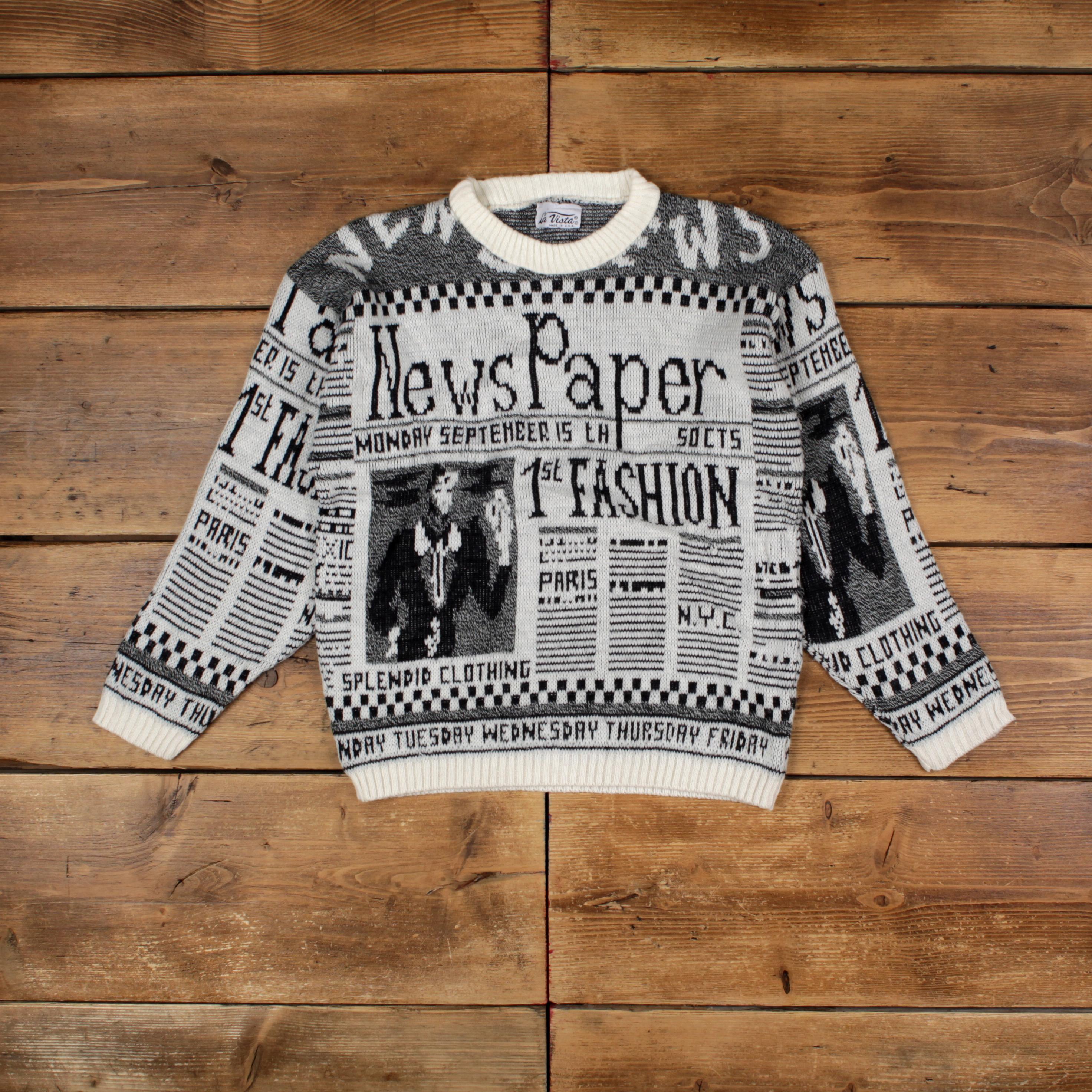Vintage La Vista Jumper Sweater S 90s Abstract USA Made Newspaper