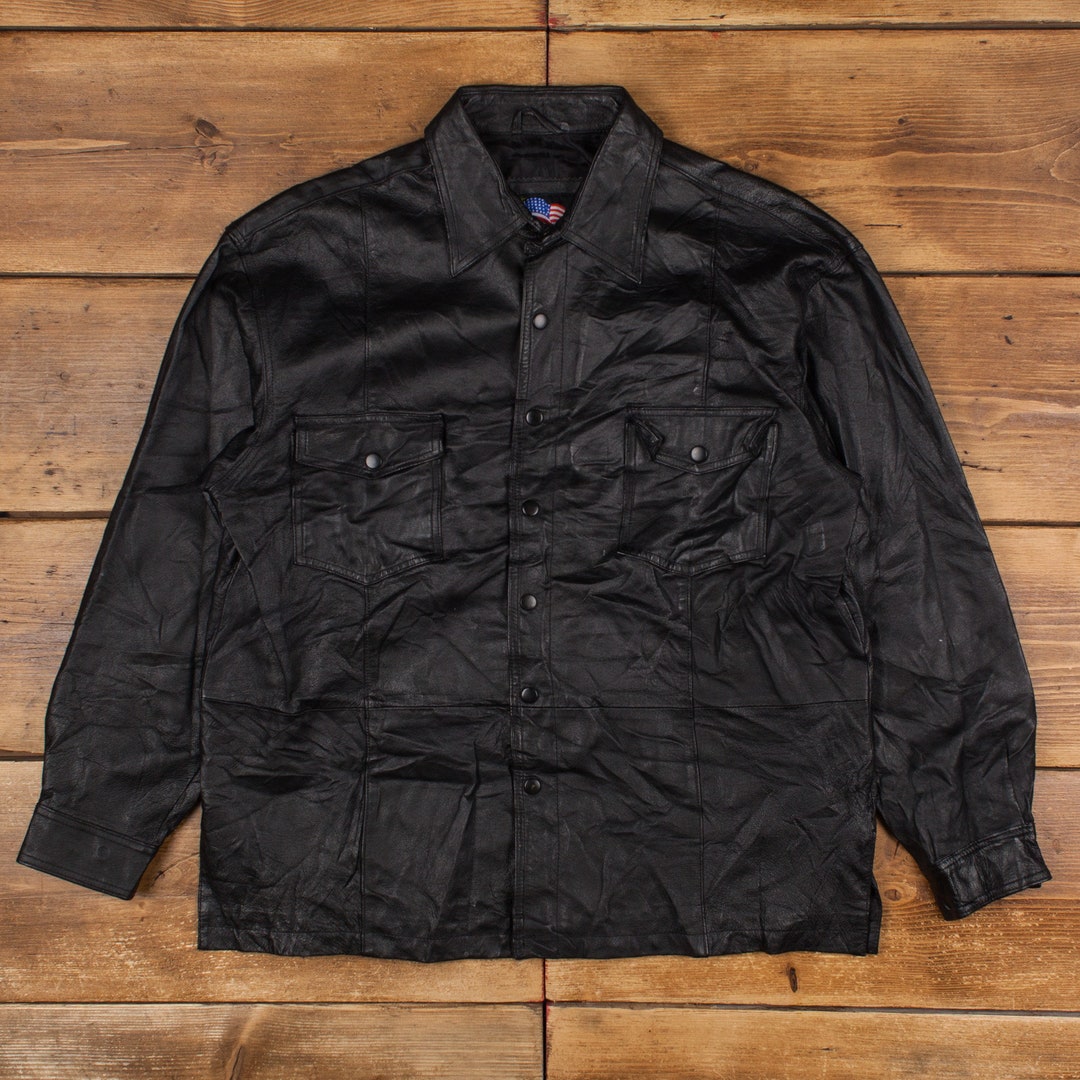 Vintage Leather USA Leather Jacket XL Overshirt Black Snap