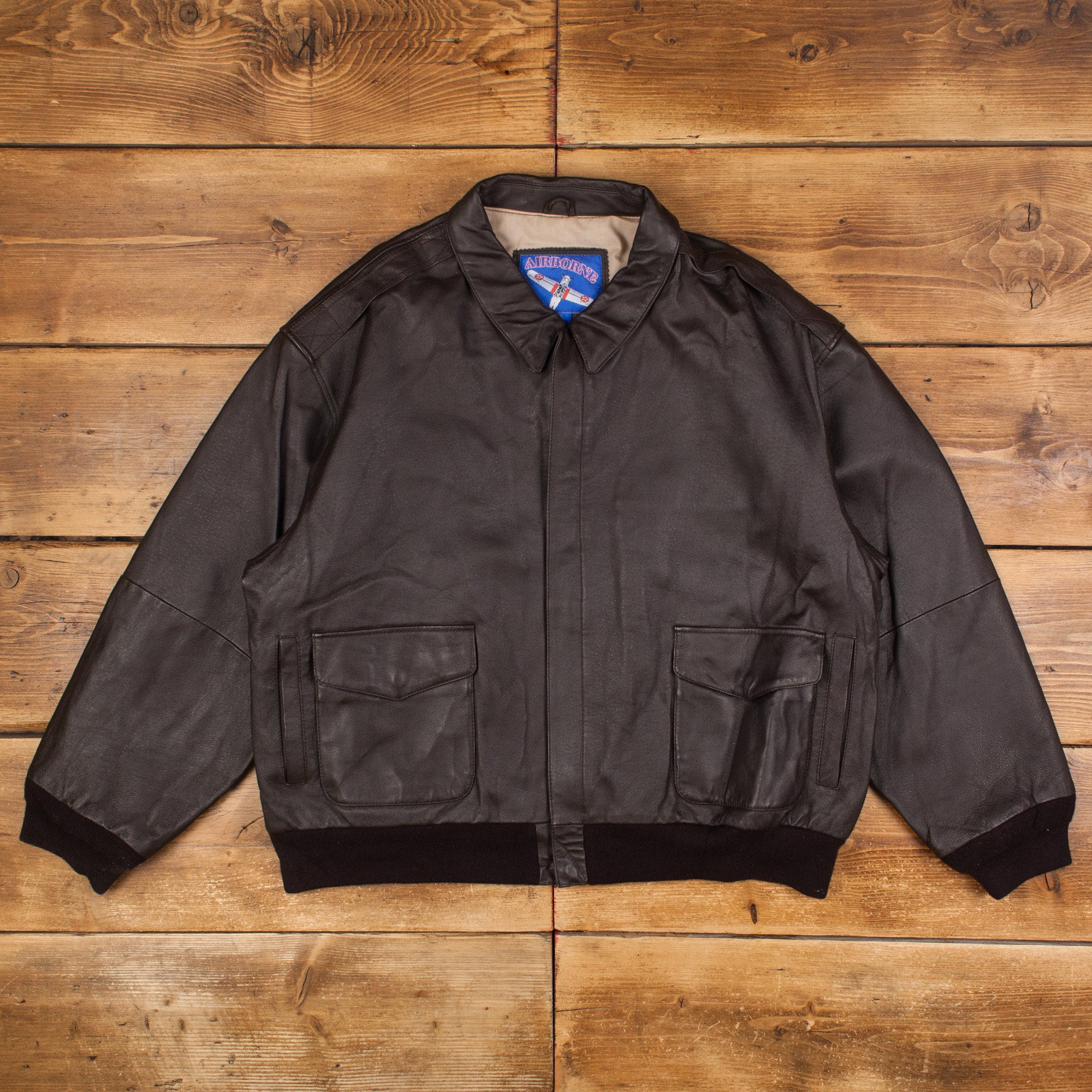 Vintage Airborne Leather Jacket 3XL Bomber Aviator Brown Zip