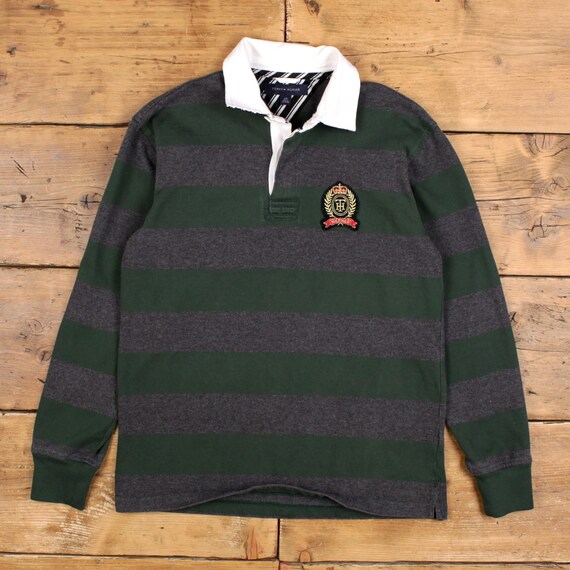 tommy hilfiger green and blue striped rugby shirt